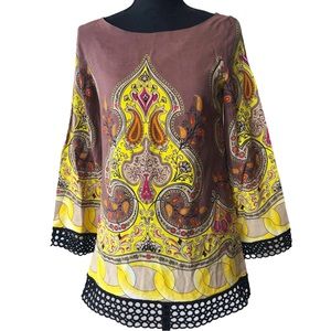 Taka by Takawear Wool blend Paisley ornate print Lace border boatneck Tu…